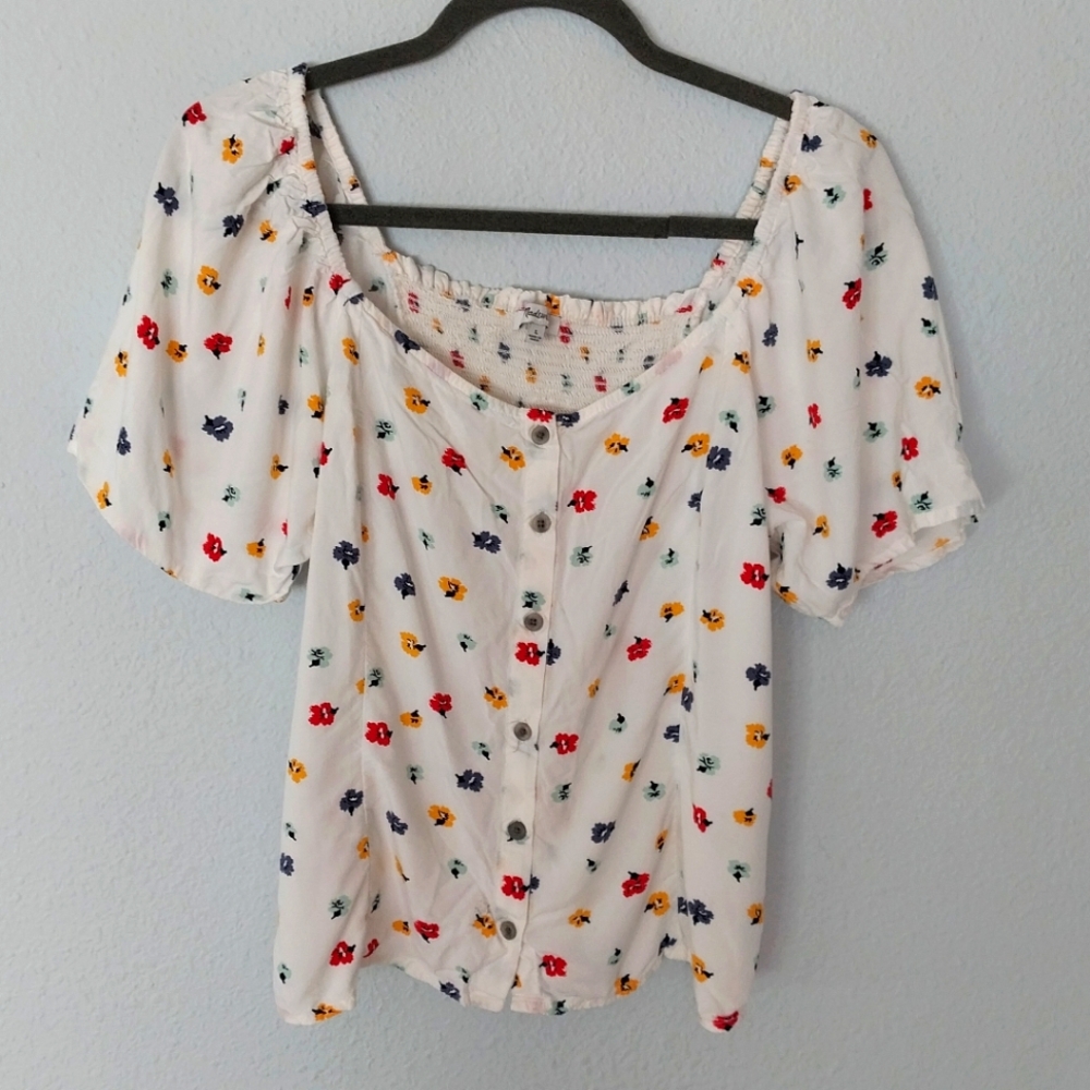 Madewell Floral Button-Up Crop Top - White with Multicolor Flowers